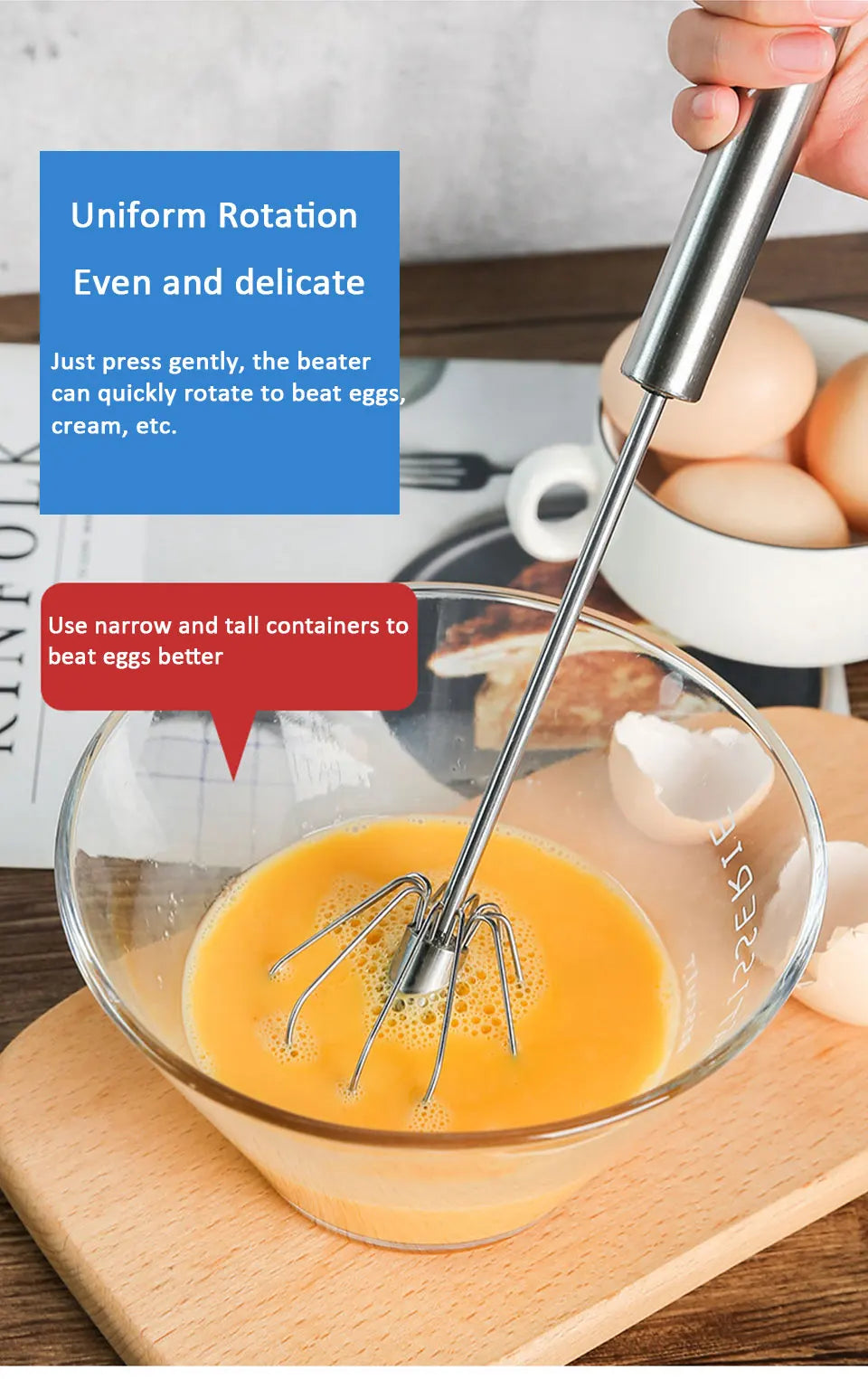 Semi-automatic Egg Beater 304 Stainless Steel Egg Whisk Manual Hand Mixer Self Turning Egg Stirrer Kitchen Accessories Egg Tools