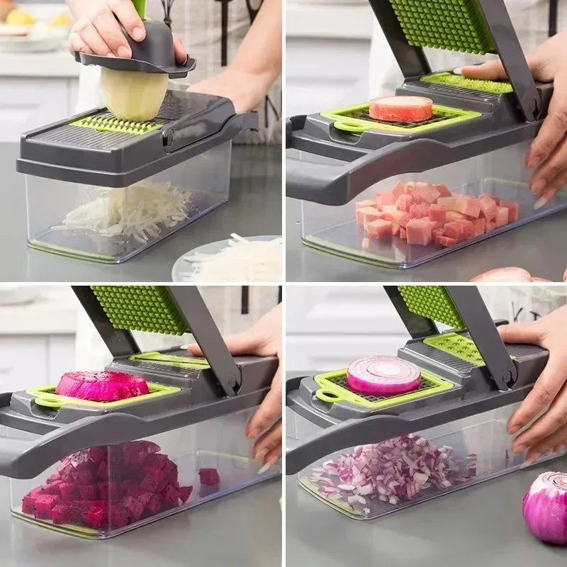 14/16 in 1 Multifunctional Vegetable Chopper, Onion Chopper, Handle Food Grate, Food Chopper, Kitchen Vegetable Slicer, Dicer Cutter: suction feet, safety guard, dishwasher-safe, built-in container, modular attachments.