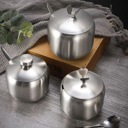 Gold Silver Sugar Bowl With Spoon Lid Stainless Steel Small Condiment Container Large Capacity Seasoning Pot Kitchen Spices Jar