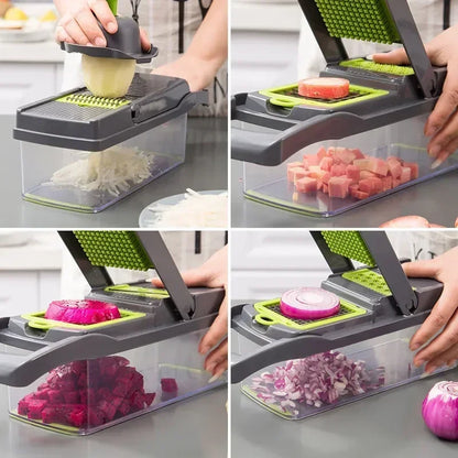 14/16 in 1 Multifunctional Vegetable Chopper, Onion Chopper, Handle Food Grate, Food Chopper, Kitchen Vegetable Slicer, Dicer Cutter: suction feet, safety guard, dishwasher-safe, built-in container, modular attachments.