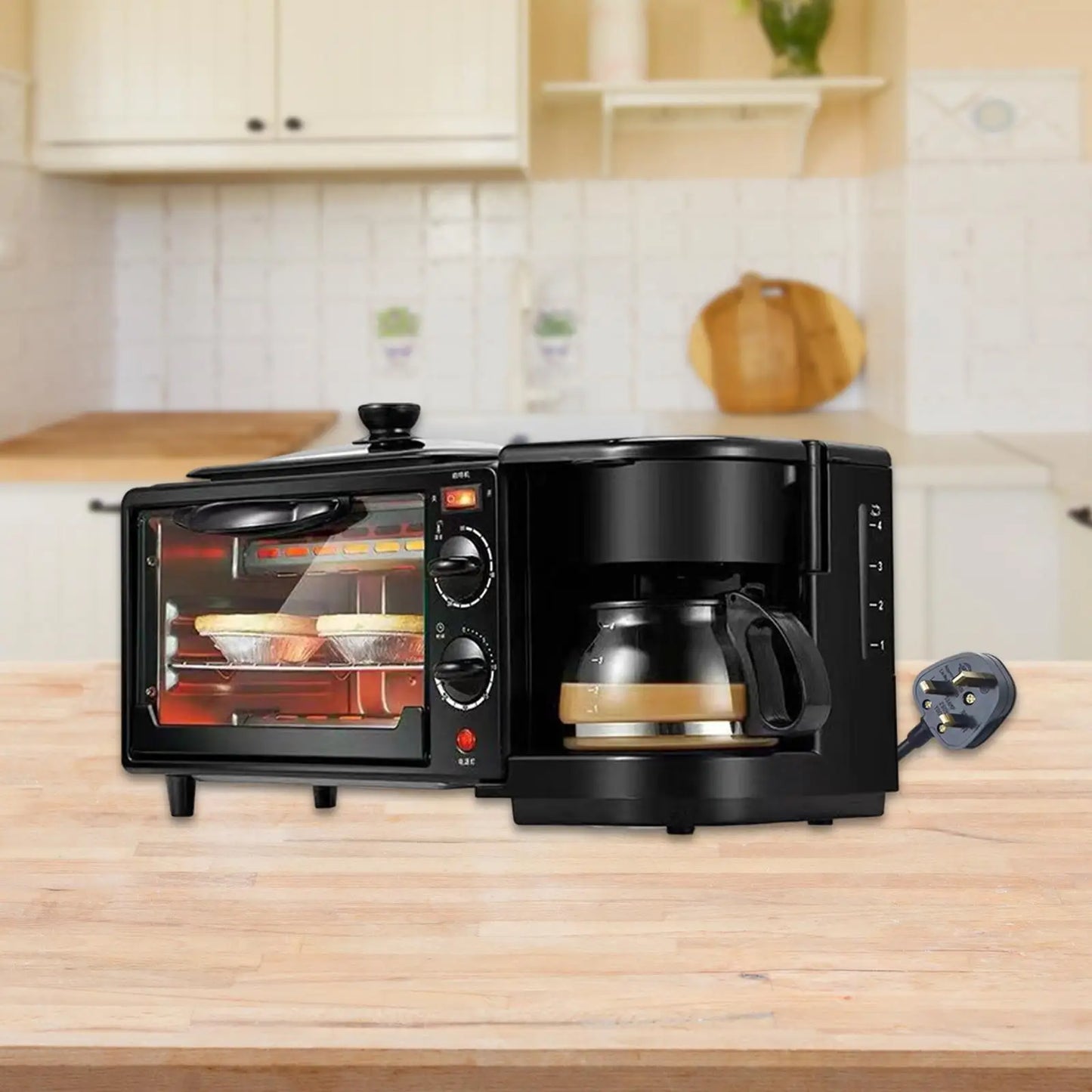 3-in-1 Breakfast Machine Oven with Timer and a Non-Stick Griddle for Sandwiches