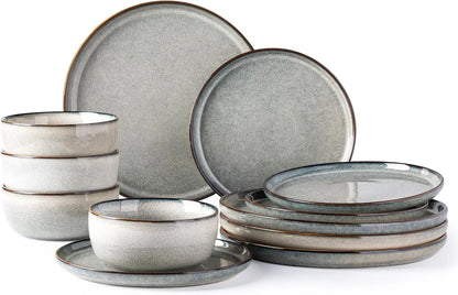 Ceramic Dinnerware Sets for 4, 12 Pieces Stoneware Plates and Bowls Sets, Reactive Glaze Dishes -Scratch Resistant,