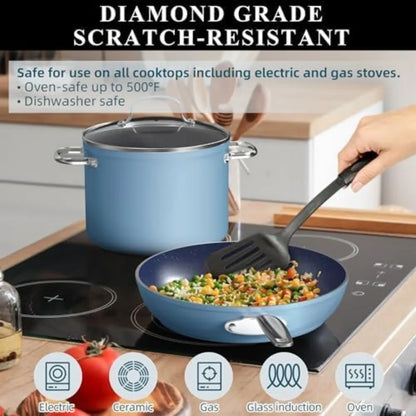 Healthy Duralon Blue Ceramic Nonstick Cookware Set, Diamond Infused Scratch-Resistant, PFAS Free, Dishwasher & Oven Safe