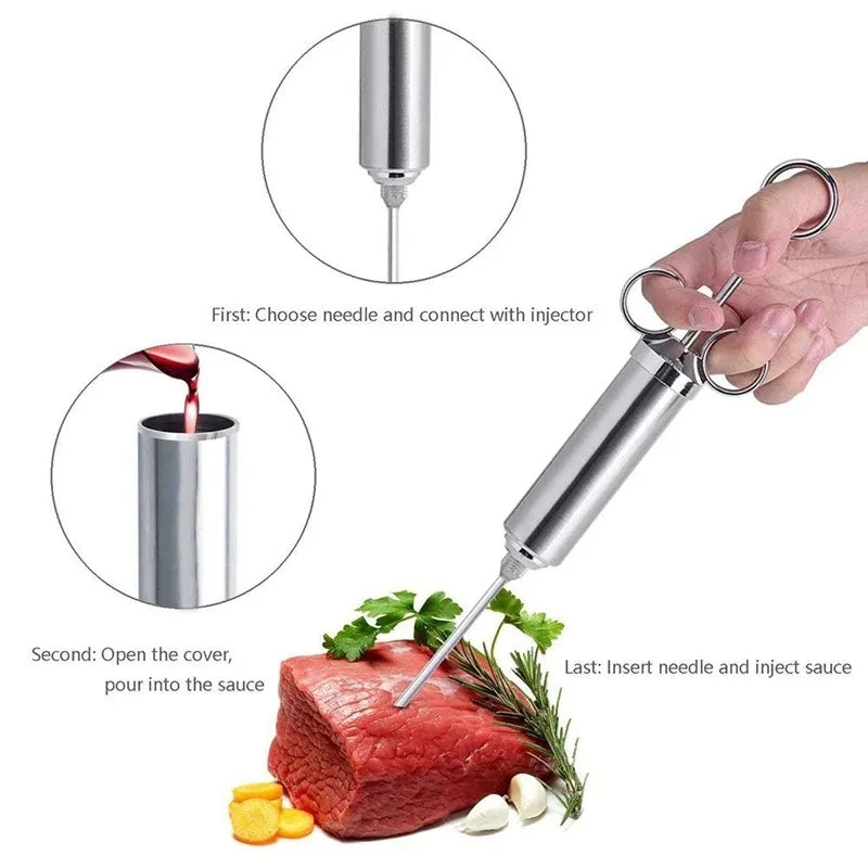 Meat Syringe Marinade Injector Flavor Needle BBQ Pork Steak Meat Sauces Syringes With 3 Stainless Steel Needles Kitchen Tools