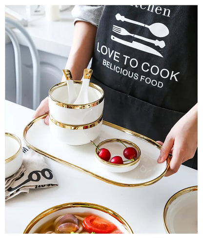 Nordic Style Gold Inlay Bright White Porcelain Dinner Sets Ceramic Bowl Dish Plates Set Porcelain Dinnerware For Household Hotel
