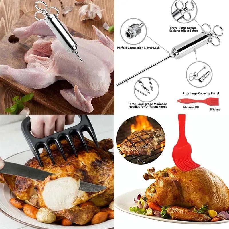 Meat Syringe Marinade Injector Flavor Needle BBQ Pork Steak Meat Sauces Syringes With 3 Stainless Steel Needles Kitchen Tools