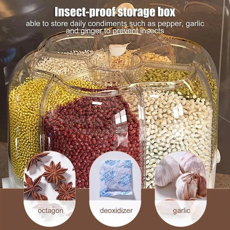 360° Rotating Grain Storage Container Dispenser Rice Barrel Sealed Rotatable Cereal Box Moisture-proof Kitchen Storage Organizer