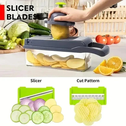 14/16 in 1 Multifunctional Vegetable Chopper, Onion Chopper, Handle Food Grate, Food Chopper, Kitchen Vegetable Slicer, Dicer Cutter: suction feet, safety guard, dishwasher-safe, built-in container, modular attachments.