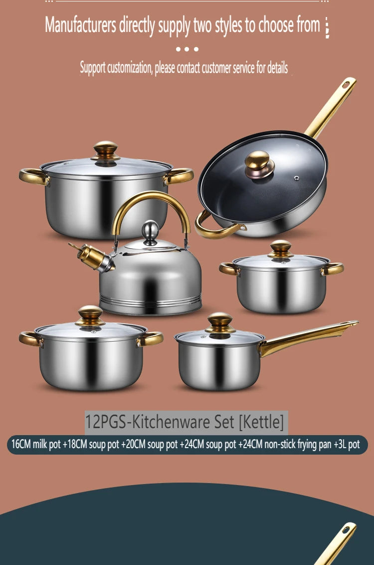 12 Pieces Of Stainless Steel Cookware Set 6 Kinds Of Kitchen Pot Combination Frying Pan Soup Pot Milk Pot Kettle Set Pot Gift