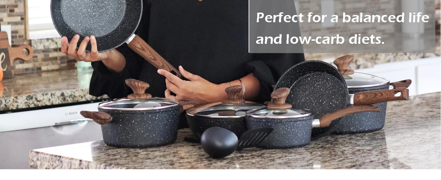 Induction Cookware Sets - 12 Piece Cooking Pan Set, Granite Black Nonstick Pots and Pans Set