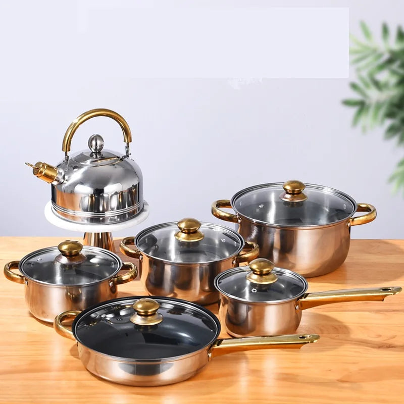 12 Pieces Of Stainless Steel Cookware Set 6 Kinds Of Kitchen Pot Combination Frying Pan Soup Pot Milk Pot Kettle Set Pot Gift