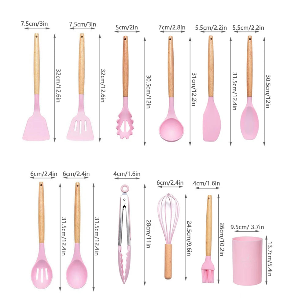 12pcs/Set Silicone Kitchen Utensils With Holder Wooden Handle Non Stick Pot Kitchenware Kit Heat Resistant Cookware Tools