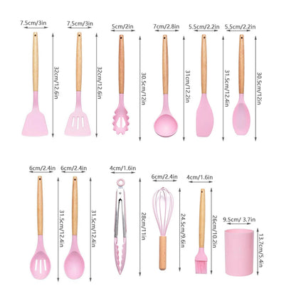 12pcs/Set Silicone Kitchen Utensils With Holder Wooden Handle Non Stick Pot Kitchenware Kit Heat Resistant Cookware Tools