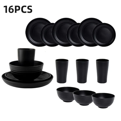 4/16Pcs Black Plastic Cutlery Set Reusable Plates Bowl Cups 4 Sets for Kitchen Outdoor Camping Party Dinnerware Dishes Set