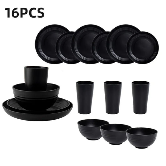 4/16Pcs Black Plastic Cutlery Set Reusable Plates Bowl Cups 4 Sets for Kitchen Outdoor Camping Party Dinnerware Dishes Set