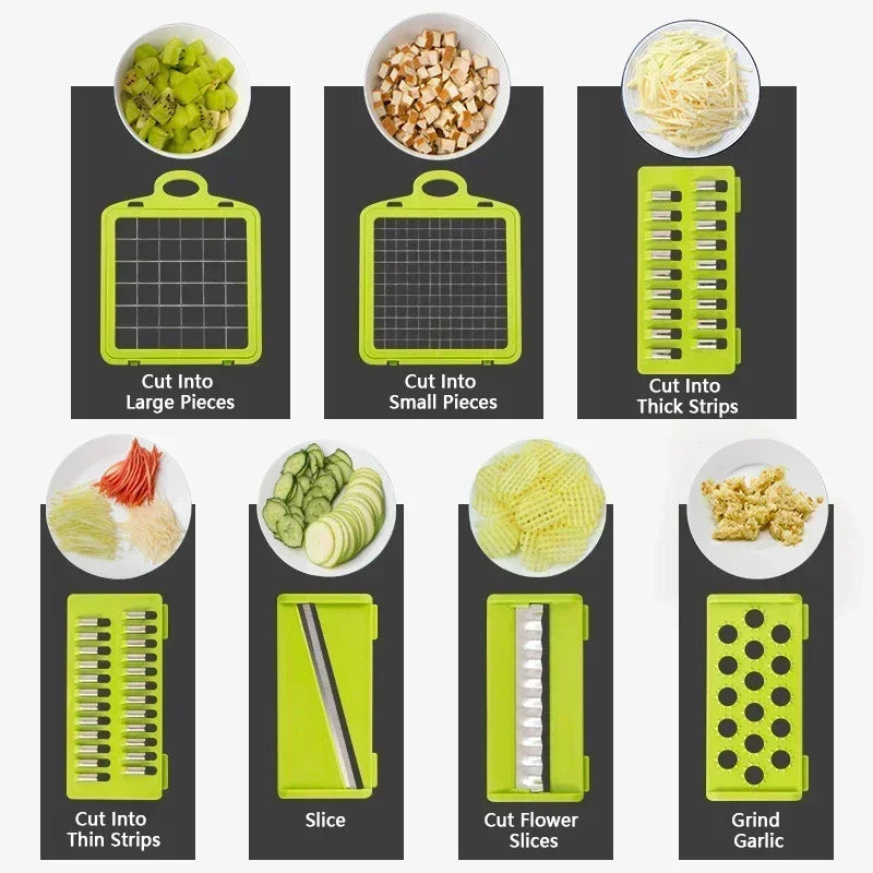 14/16 in 1 Multifunctional Vegetable Chopper, Onion Chopper, Handle Food Grate, Food Chopper, Kitchen Vegetable Slicer, Dicer Cutter: suction feet, safety guard, dishwasher-safe, built-in container, modular attachments.