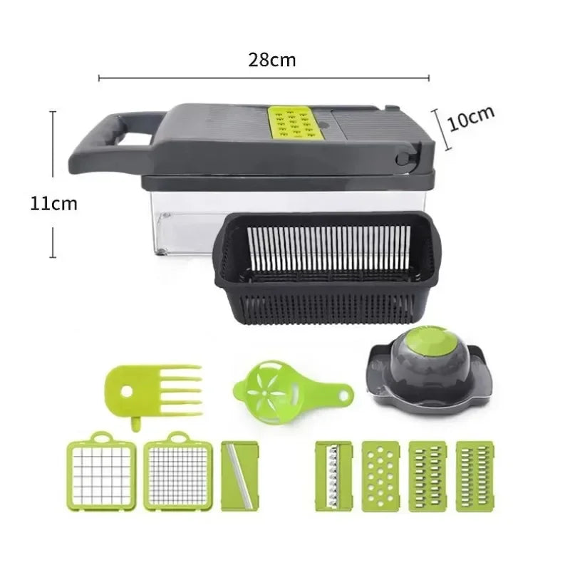 14/16 in 1 Multifunctional Vegetable Chopper, Onion Chopper, Handle Food Grate, Food Chopper, Kitchen Vegetable Slicer, Dicer Cutter: suction feet, safety guard, dishwasher-safe, built-in container, modular attachments.