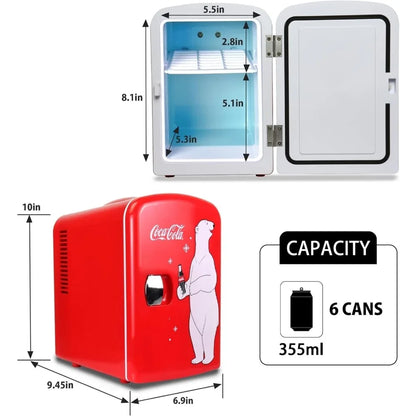 Coca-Cola 4L Portable Cooler/Warmer, Compact Personal Travel Fridge for Snacks Lunch Drinks Cosmetics, Includes 12V and AC Cords