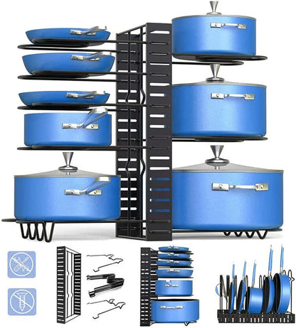 5/8 Tiers Kitchen Rack Adjustable Pan Pot Rack Rustproof Metal Cabinet Pantry Organizer Pots Lids Storage Holder Kitchen Storage