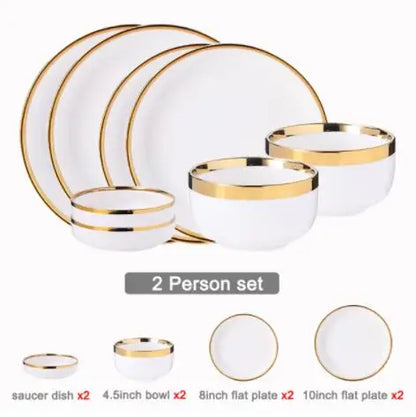 Nordic Style Gold Inlay Bright White Porcelain Dinner Sets Ceramic Bowl Dish Plates Set Porcelain Dinnerware For Household Hotel