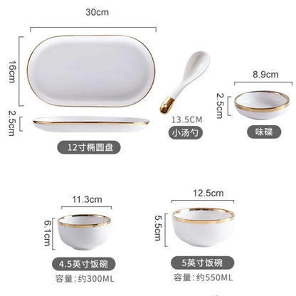 Nordic Style Gold Inlay Bright White Porcelain Dinner Sets Ceramic Bowl Dish Plates Set Porcelain Dinnerware For Household Hotel